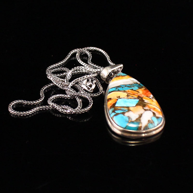 Beautiful Silver Inlay Shell & Gem Pendant w Necklace