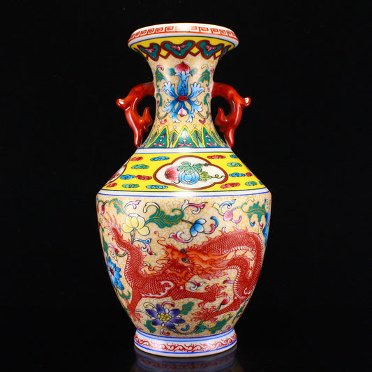 Chinese Famille Rose Dragon Phoenix Design Double Ears Vase