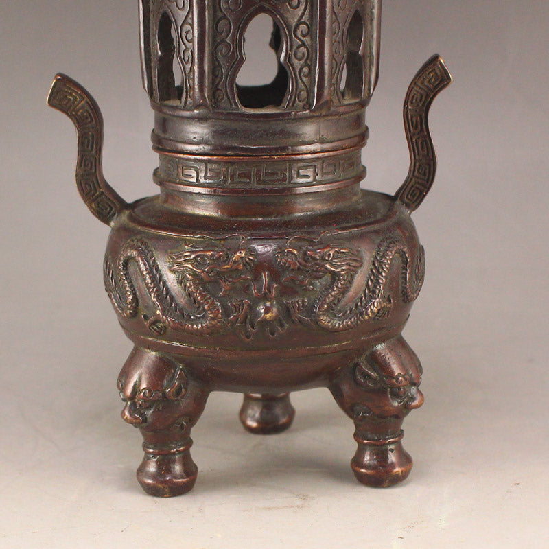 Old Chinese Copper Low Relief Fortune Dragon Double Ears 3 Legs Incense Burner