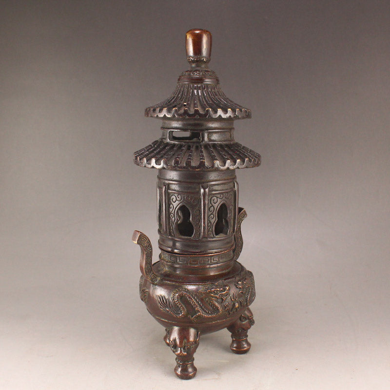 Old Chinese Copper Low Relief Fortune Dragon Double Ears 3 Legs Incense Burner