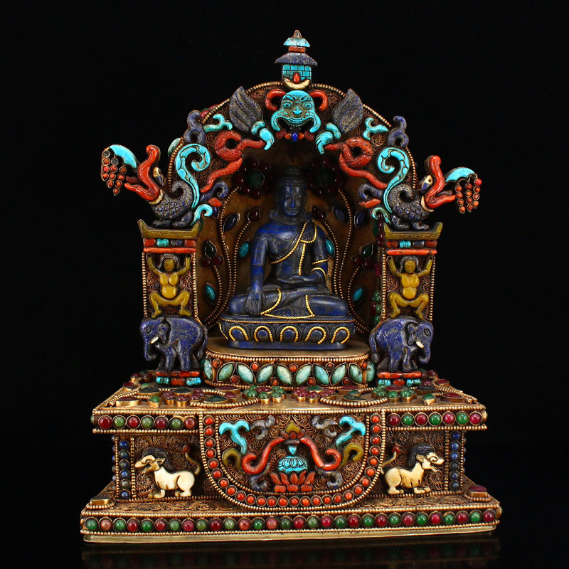 Tibetan Buddhism Lapis Lazuli Sakyamuni Buddha Statue With Silver Wire Inlay Gem Shrines