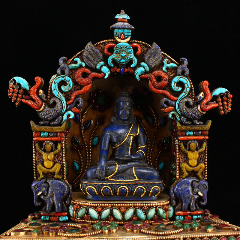 Tibetan Buddhism Lapis Lazuli Sakyamuni Buddha Statue With Silver Wire Inlay Gem Shrines