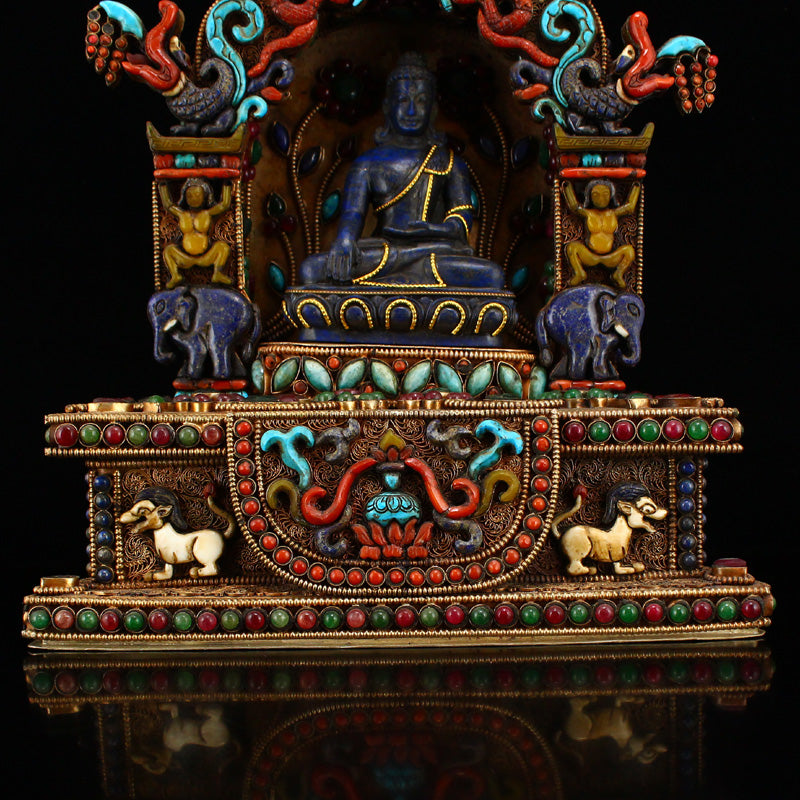 Tibetan Buddhism Lapis Lazuli Sakyamuni Buddha Statue With Silver Wire Inlay Gem Shrines