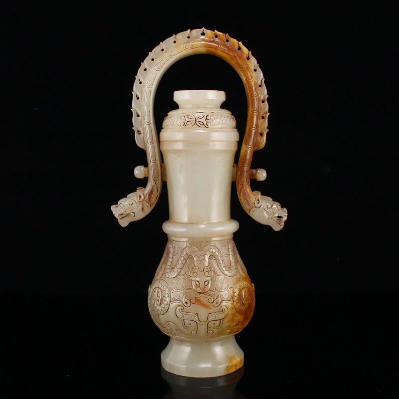 Old Chinese Hetian Jade Handle Dragon Head Vase