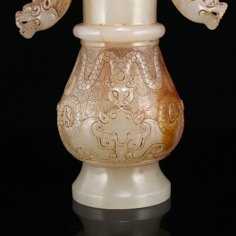 Old Chinese Hetian Jade Handle Dragon Head Vase