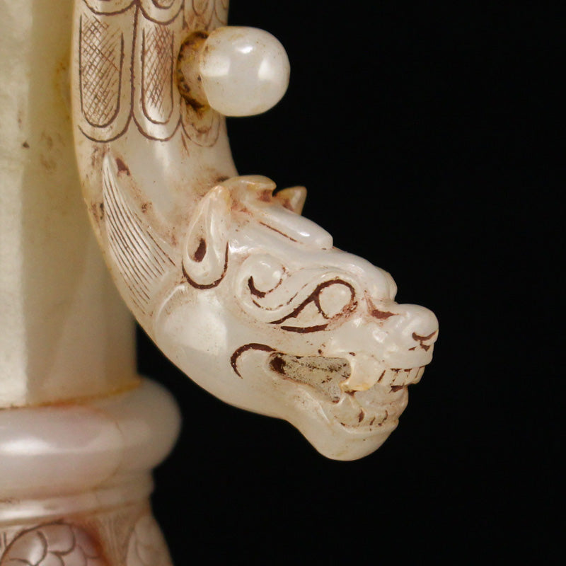 Old Chinese Hetian Jade Handle Dragon Head Vase