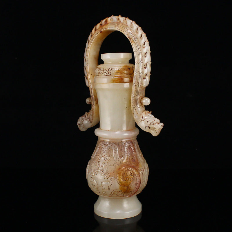 Old Chinese Hetian Jade Handle Dragon Head Vase