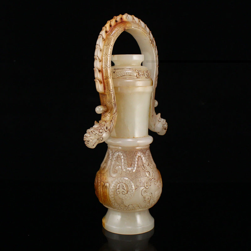 Old Chinese Hetian Jade Handle Dragon Head Vase