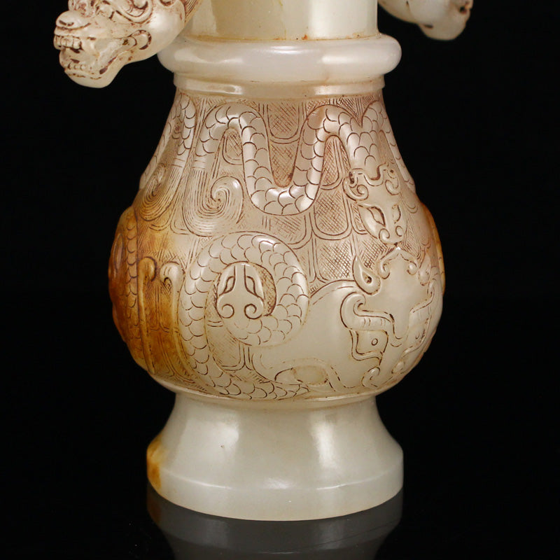 Old Chinese Hetian Jade Handle Dragon Head Vase