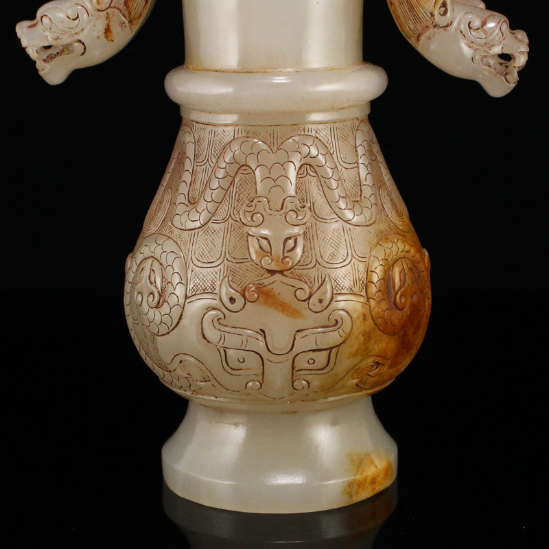 Old Chinese Hetian Jade Handle Dragon Head Vase