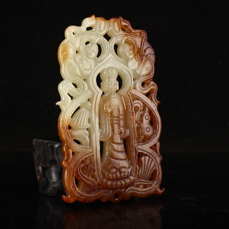 Vintage Openwork Jade Carved Figure Pendant