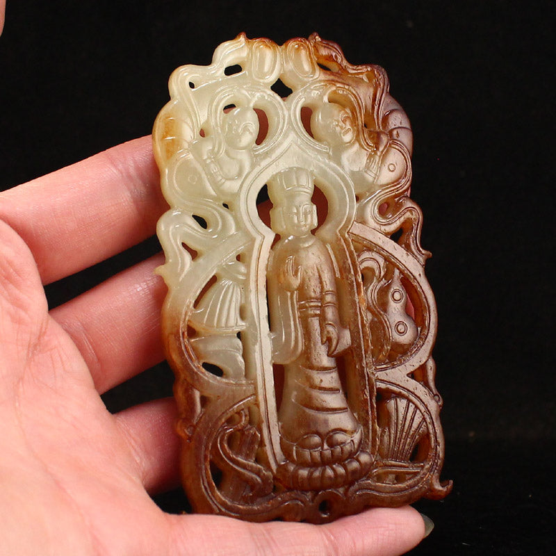 Vintage Openwork Jade Carved Figure Pendant