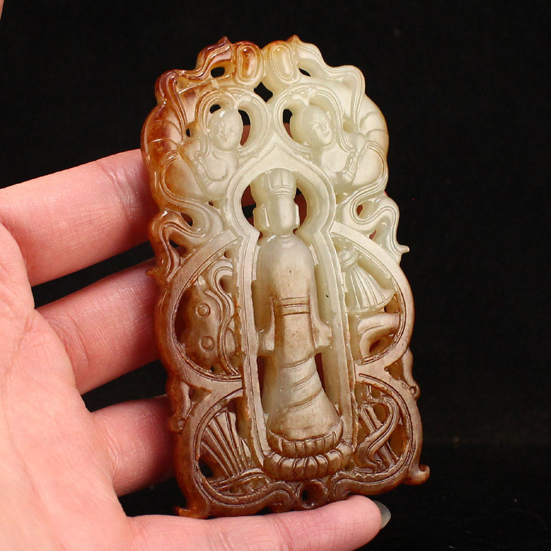 Vintage Openwork Jade Carved Figure Pendant