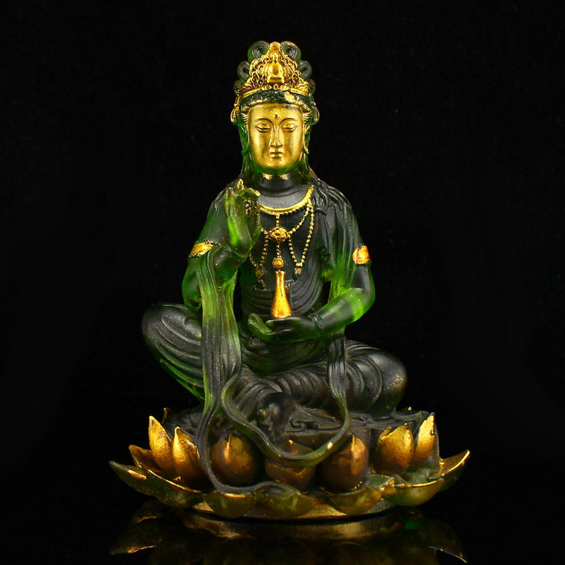 Old Chinese Gilt Gold Green Peking Glass Kwan-yin Statue