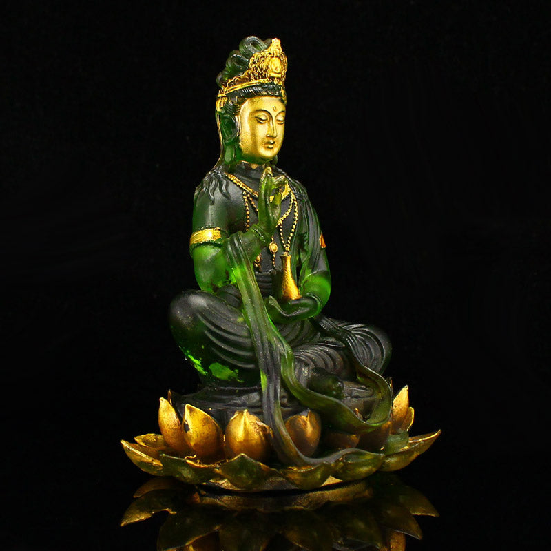 Old Chinese Gilt Gold Green Peking Glass Kwan-yin Statue