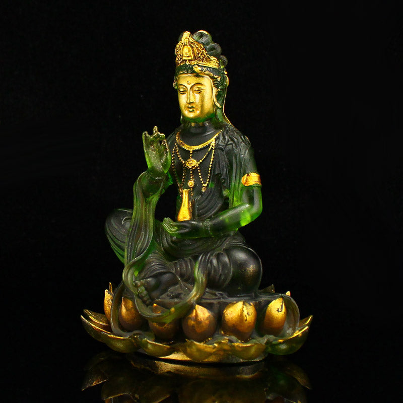 Old Chinese Gilt Gold Green Peking Glass Kwan-yin Statue