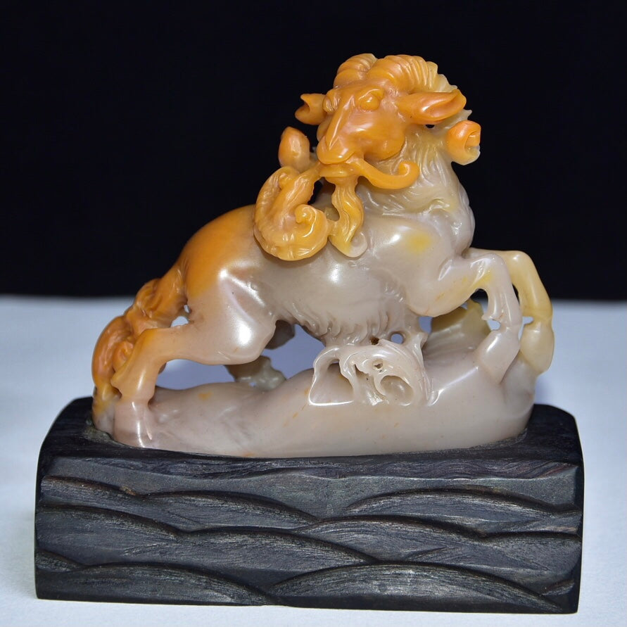 A0002 Old Chinese Shoushan Stone Carved Sheep & Ruyi Statue