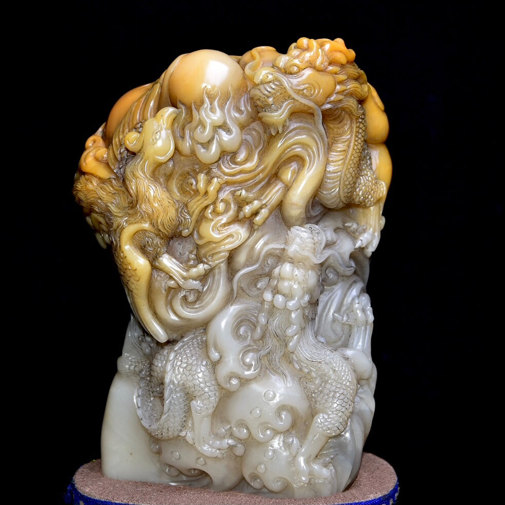 A0003 Vintage Chinese Shoushan Stone Carved Dragon Phoenix Seal