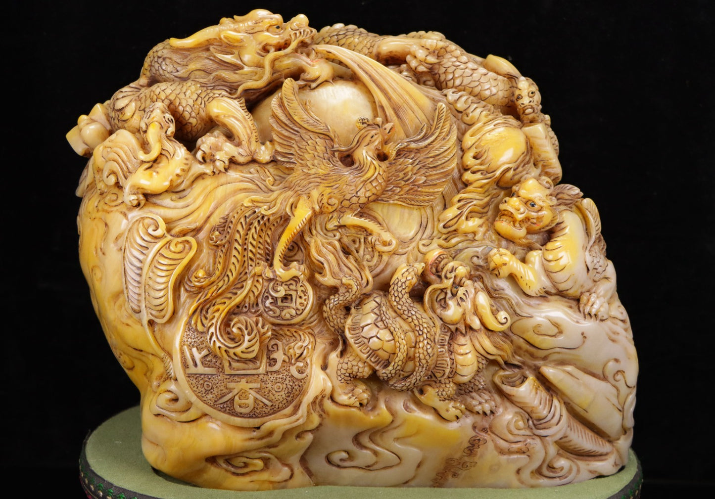 A0005 Vintage Chinese Shoushan Stone Low Relief Dragon Phoenix & Beast Statue