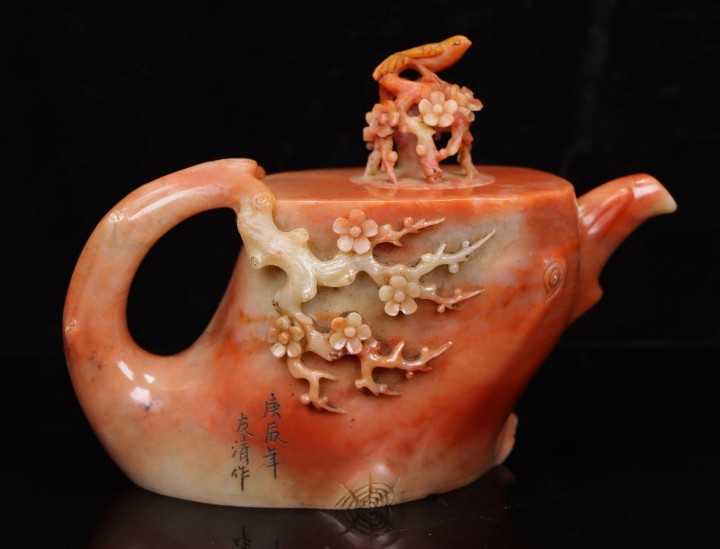 A0010 Vintage Chinese Shoushan Stone Carved Plum Flower & Bird Teapot w Box