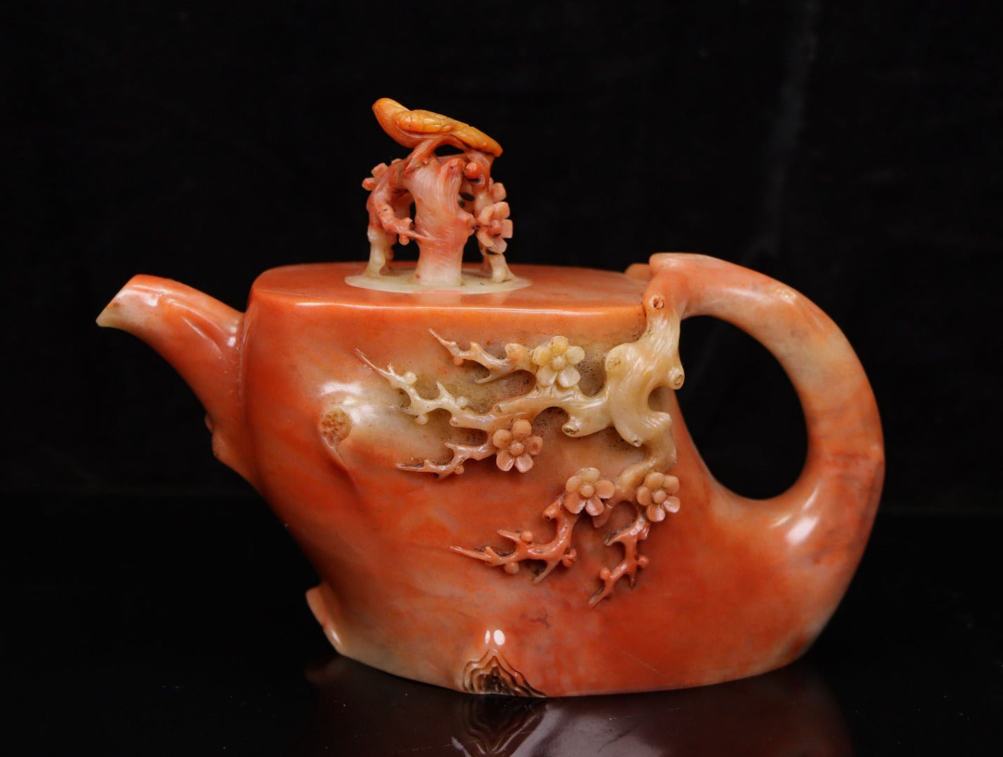 A0010 Vintage Chinese Shoushan Stone Carved Plum Flower & Bird Teapot w Box