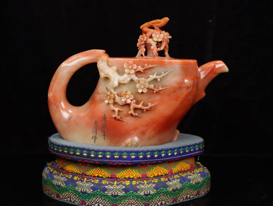 A0010 Vintage Chinese Shoushan Stone Carved Plum Flower & Bird Teapot w Box