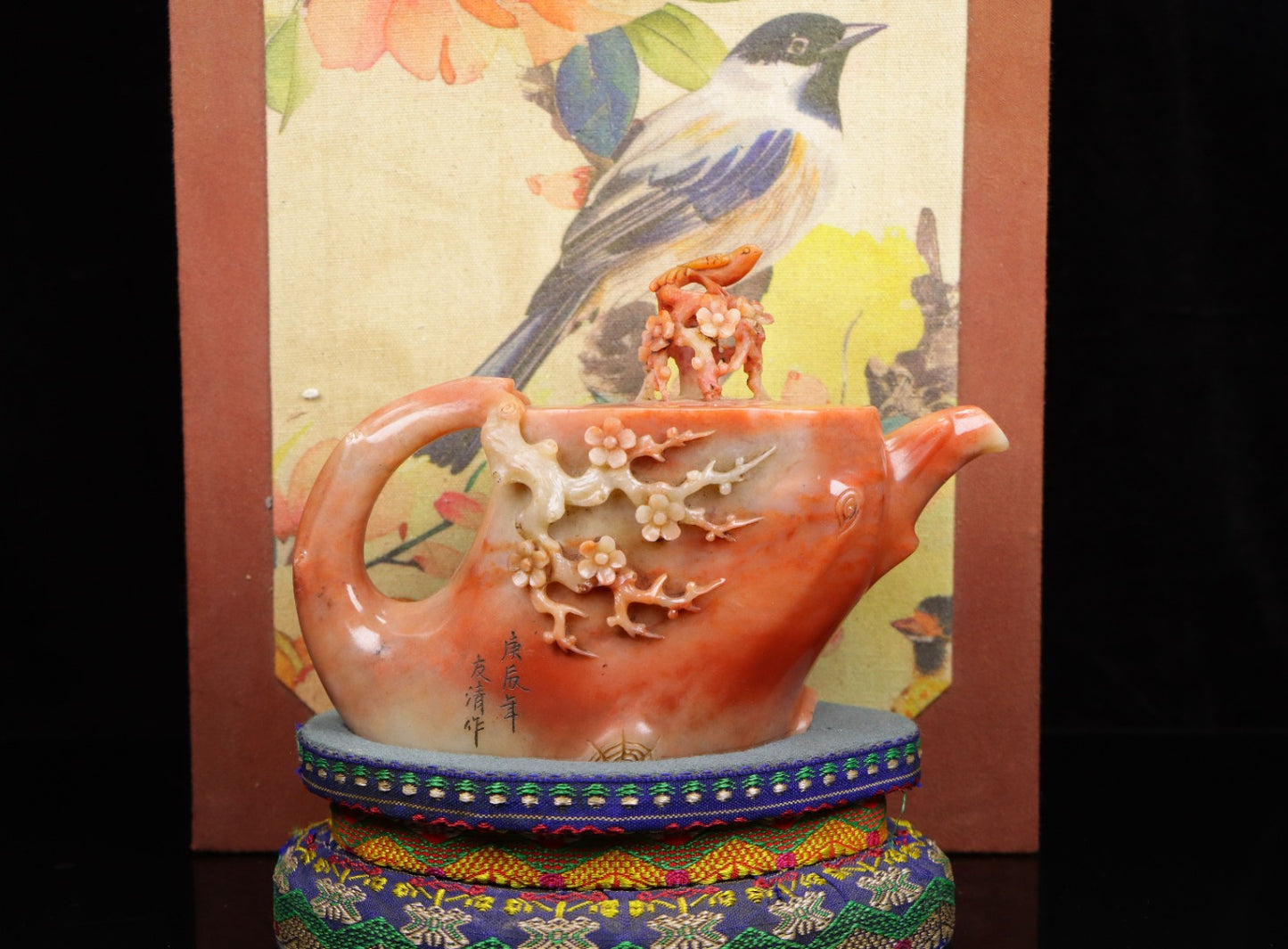 A0010 Vintage Chinese Shoushan Stone Carved Plum Flower & Bird Teapot w Box