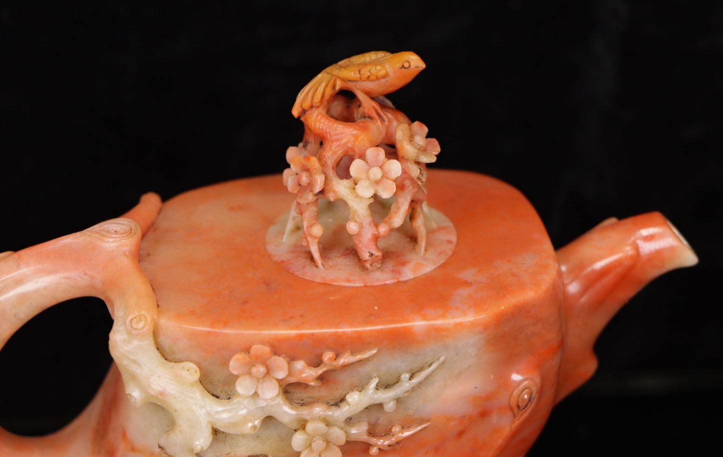 A0010 Vintage Chinese Shoushan Stone Carved Plum Flower & Bird Teapot w Box