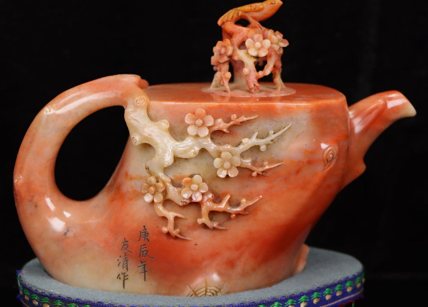 A0010 Vintage Chinese Shoushan Stone Carved Plum Flower & Bird Teapot w Box