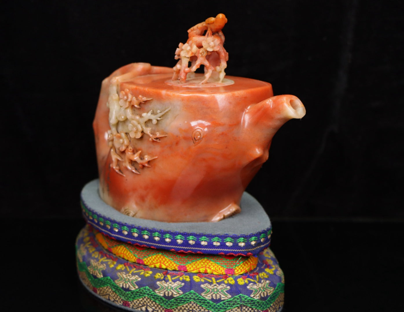 A0010 Vintage Chinese Shoushan Stone Carved Plum Flower & Bird Teapot w Box