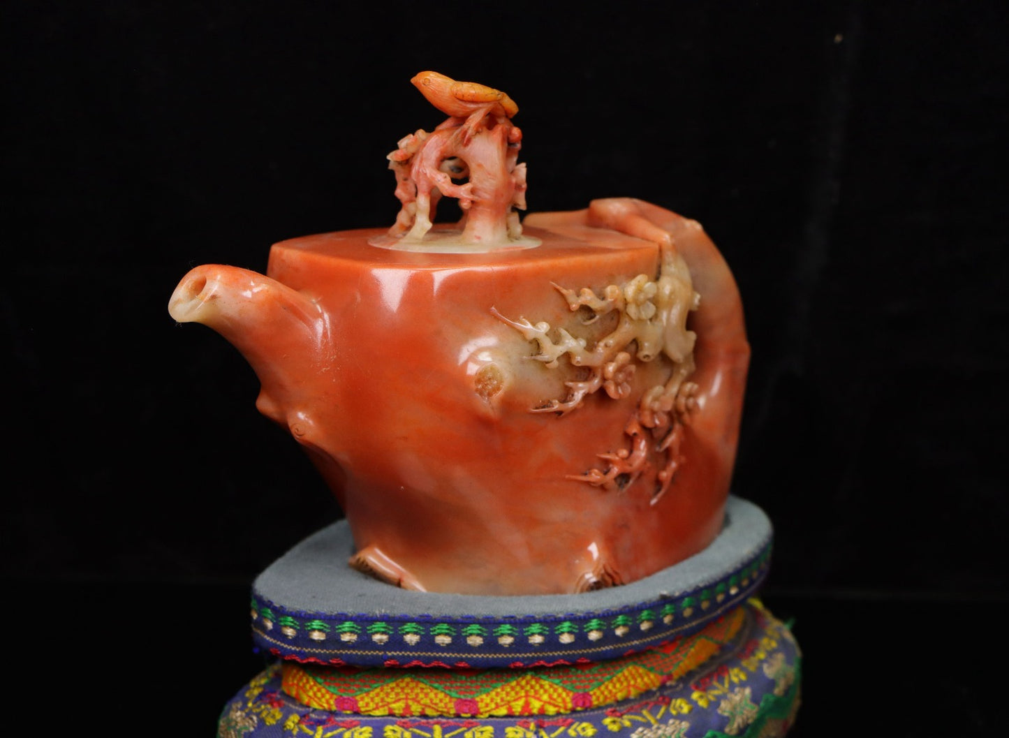 A0010 Vintage Chinese Shoushan Stone Carved Plum Flower & Bird Teapot w Box