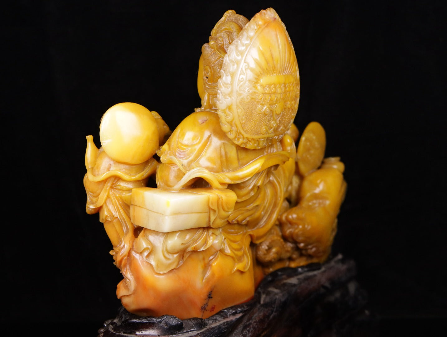 A0014 Old Chinese Shoushan Stone Carved Kwan-yin & Fortune Dragon,Kid Statue