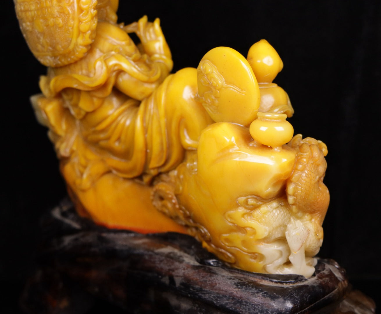 A0014 Old Chinese Shoushan Stone Carved Kwan-yin & Fortune Dragon,Kid Statue