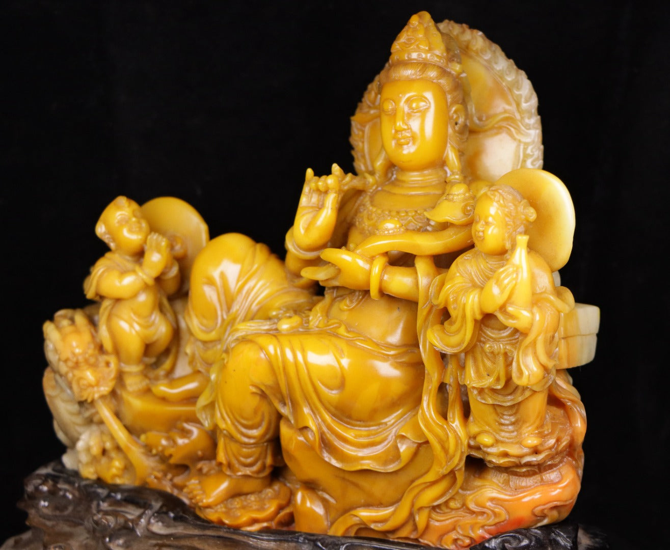 A0014 Old Chinese Shoushan Stone Carved Kwan-yin & Fortune Dragon,Kid Statue