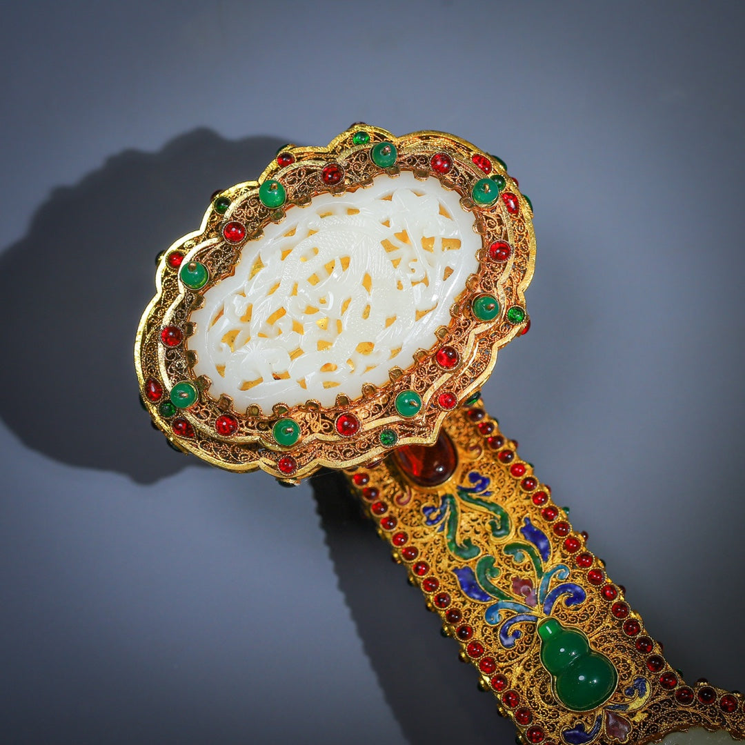 A0019 Exquisite Chinese Gold Wires Enamel Inlay Gem & White Hetian Jade Ruyi Scepter