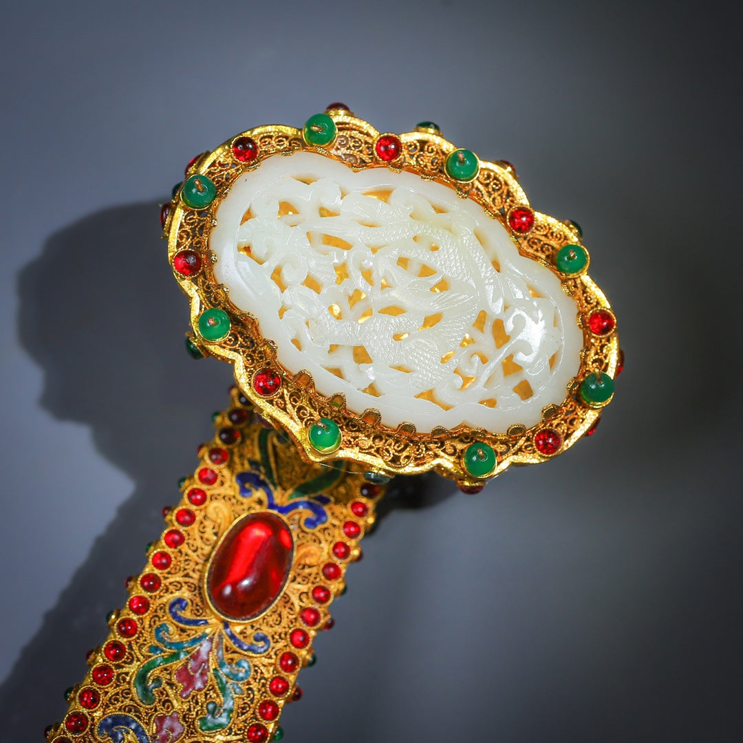 A0019 Exquisite Chinese Gold Wires Enamel Inlay Gem & White Hetian Jade Ruyi Scepter