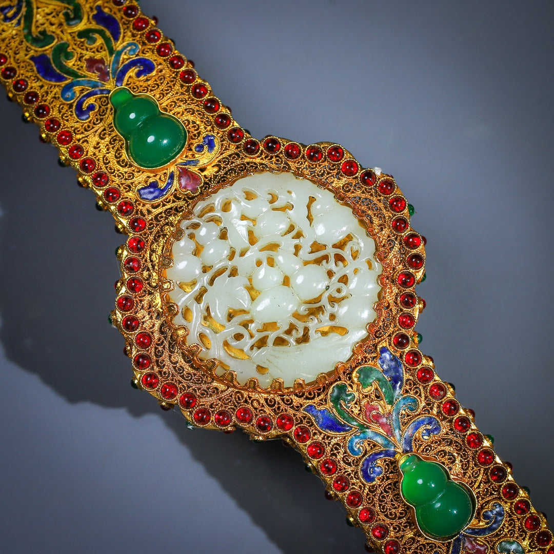 A0019 Exquisite Chinese Gold Wires Enamel Inlay Gem & White Hetian Jade Ruyi Scepter