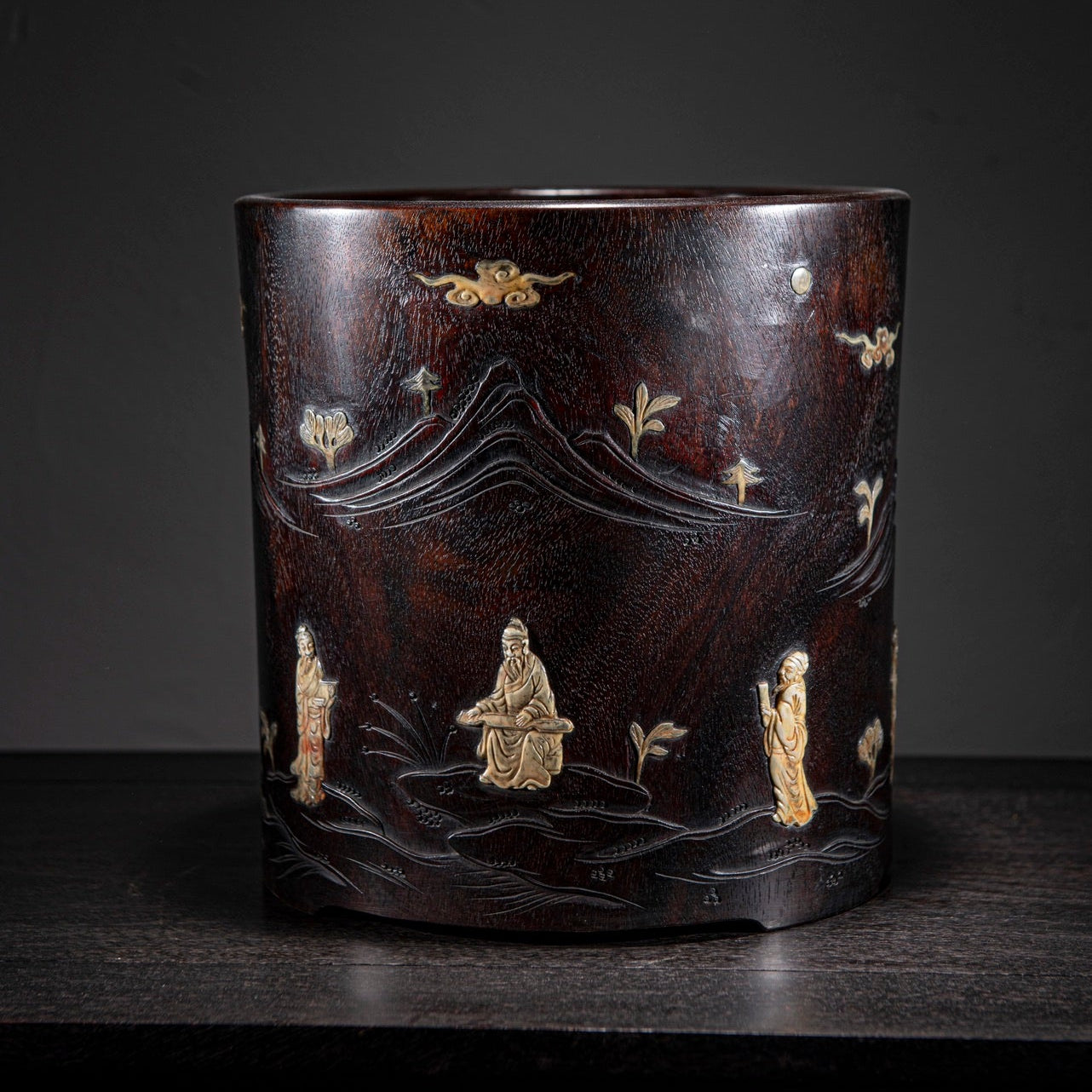 A0023 Old Chinese Zitan Wood Inlay Bone Figure Design Brush Pot