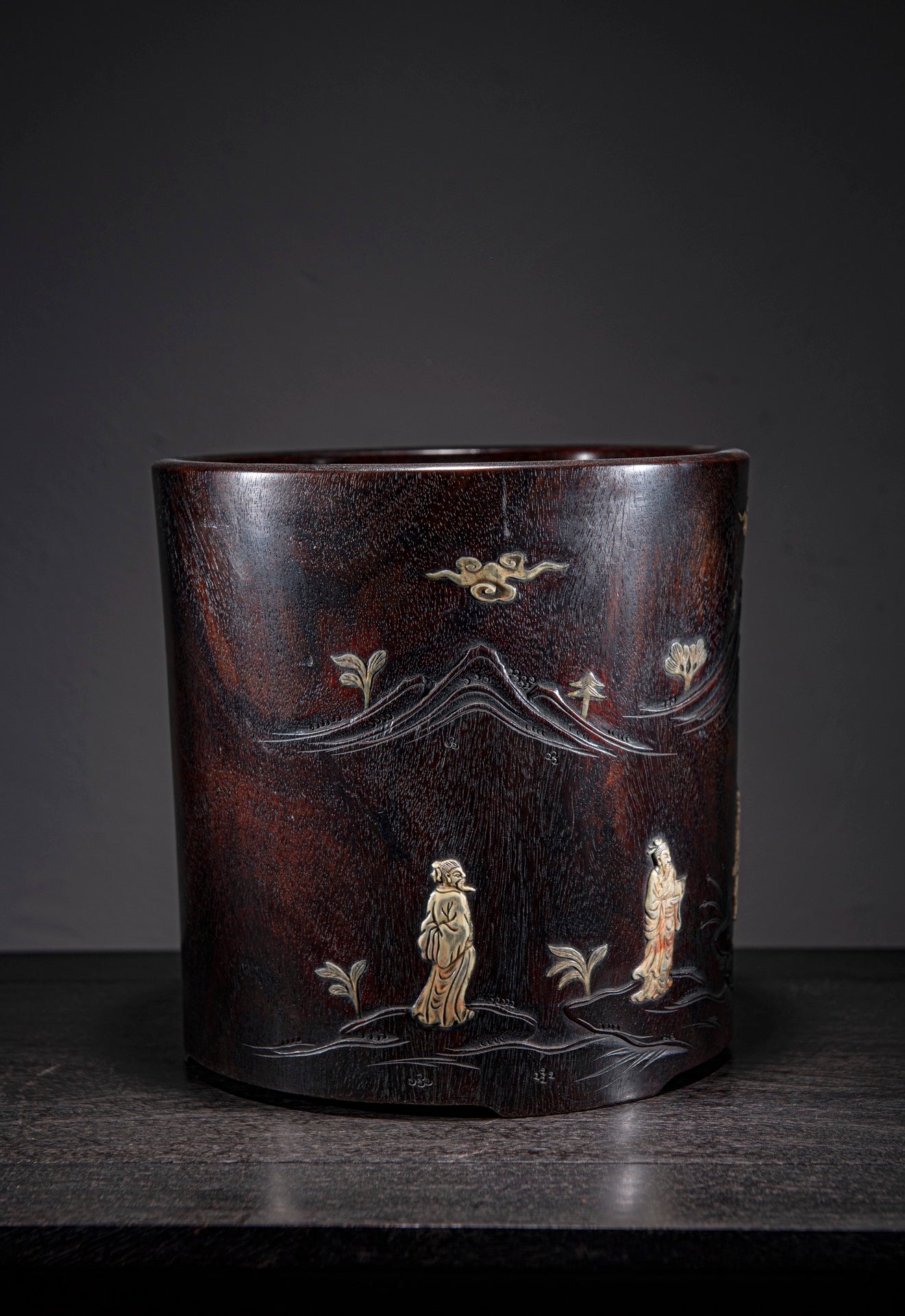 A0023 Old Chinese Zitan Wood Inlay Bone Figure Design Brush Pot