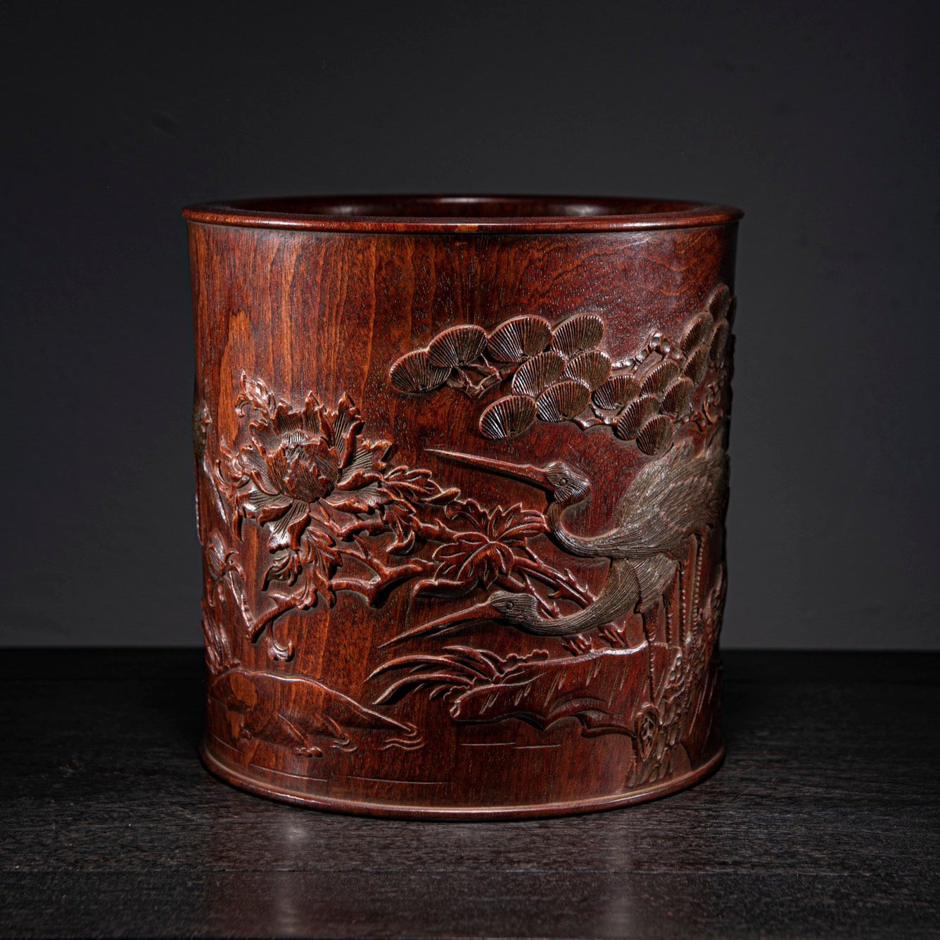 A0024 Vintage Chinese Huali Wood Low Relief Pine Tree & Crane,Flower Design Brush Pot