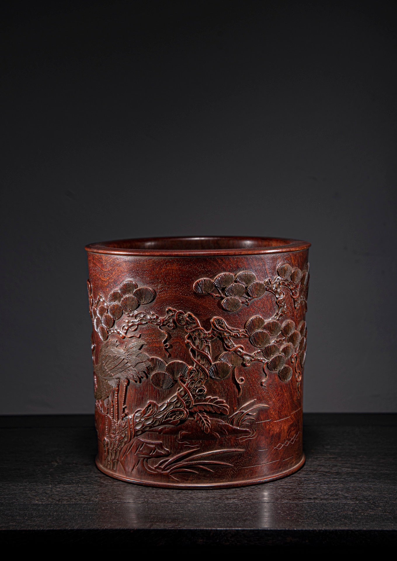 A0024 Vintage Chinese Huali Wood Low Relief Pine Tree & Crane,Flower Design Brush Pot