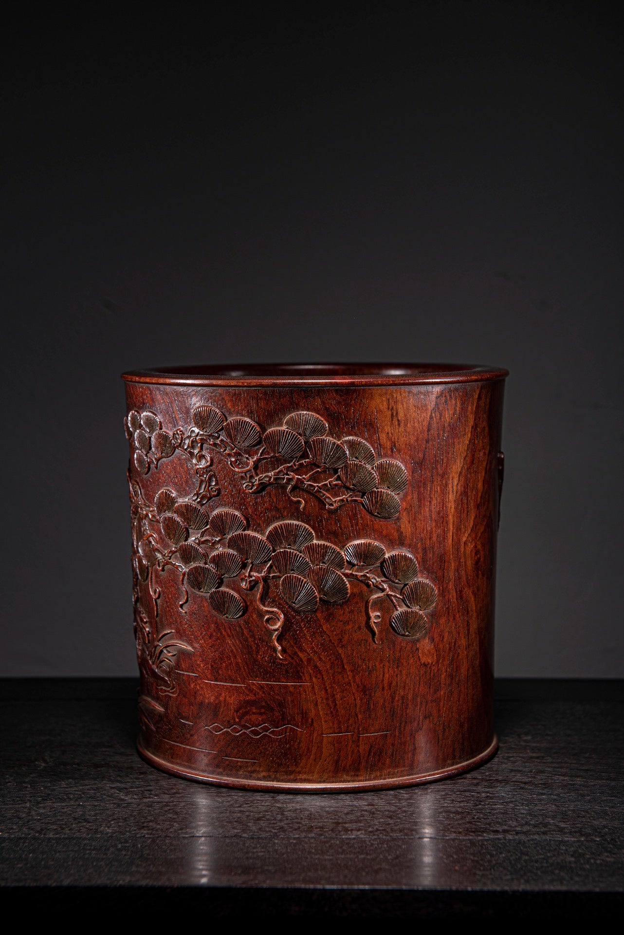 A0024 Vintage Chinese Huali Wood Low Relief Pine Tree & Crane,Flower Design Brush Pot