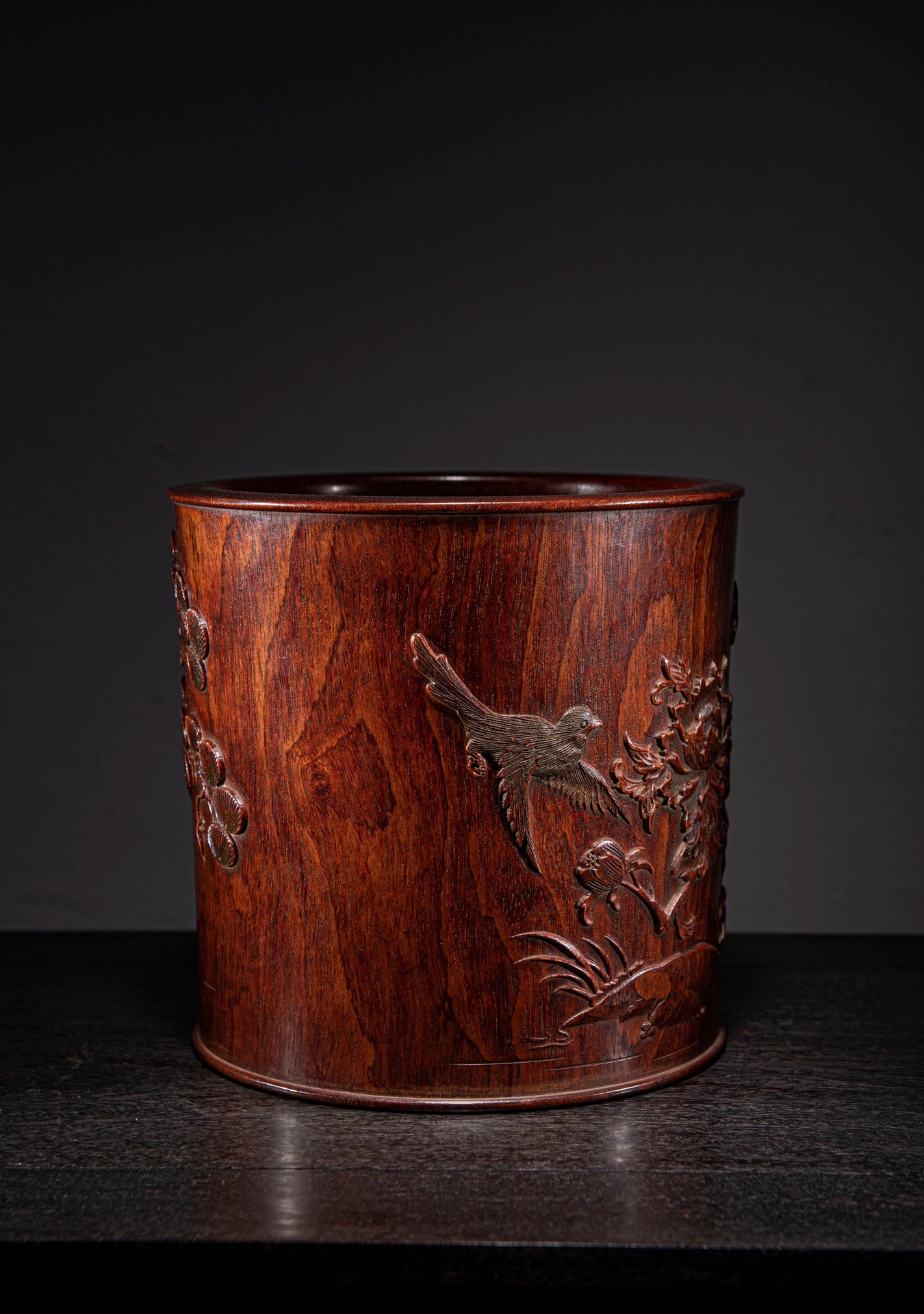 A0024 Vintage Chinese Huali Wood Low Relief Pine Tree & Crane,Flower Design Brush Pot