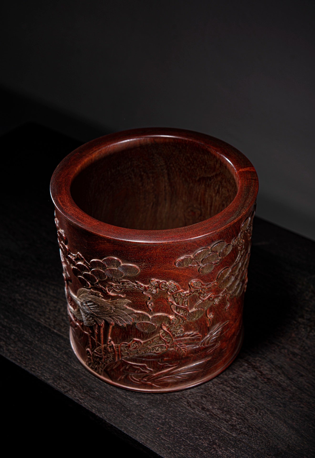 A0024 Vintage Chinese Huali Wood Low Relief Pine Tree & Crane,Flower Design Brush Pot