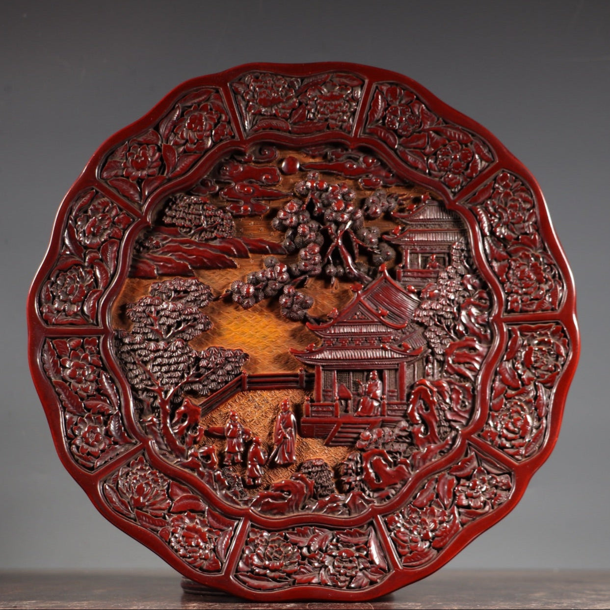 A0029 Old Chinese Red Lacquerware Low Relief Pine Tree & Figure Design Plate