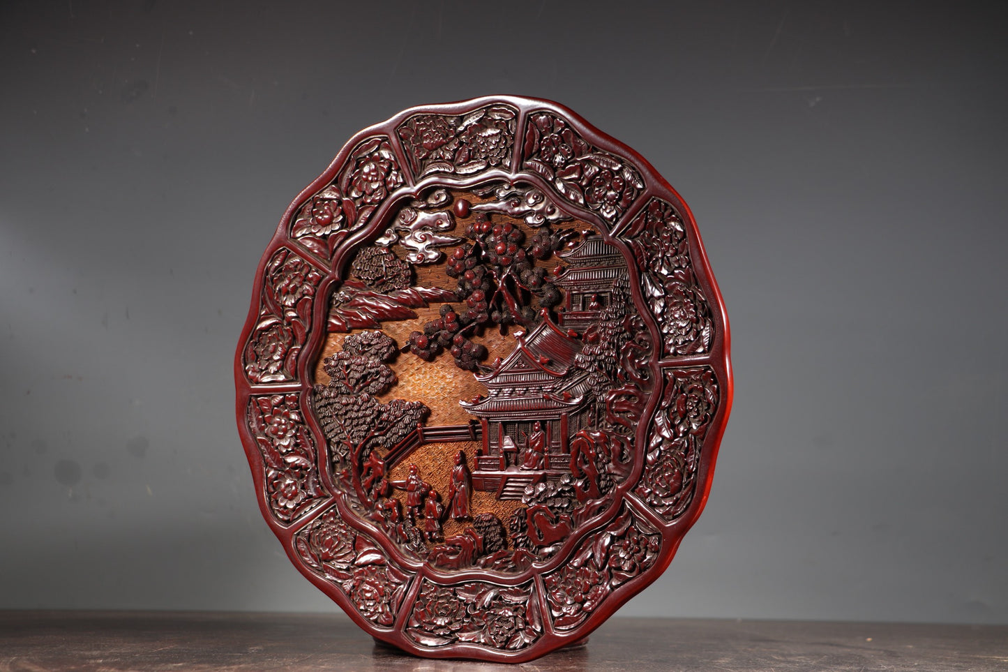 A0029 Old Chinese Red Lacquerware Low Relief Pine Tree & Figure Design Plate