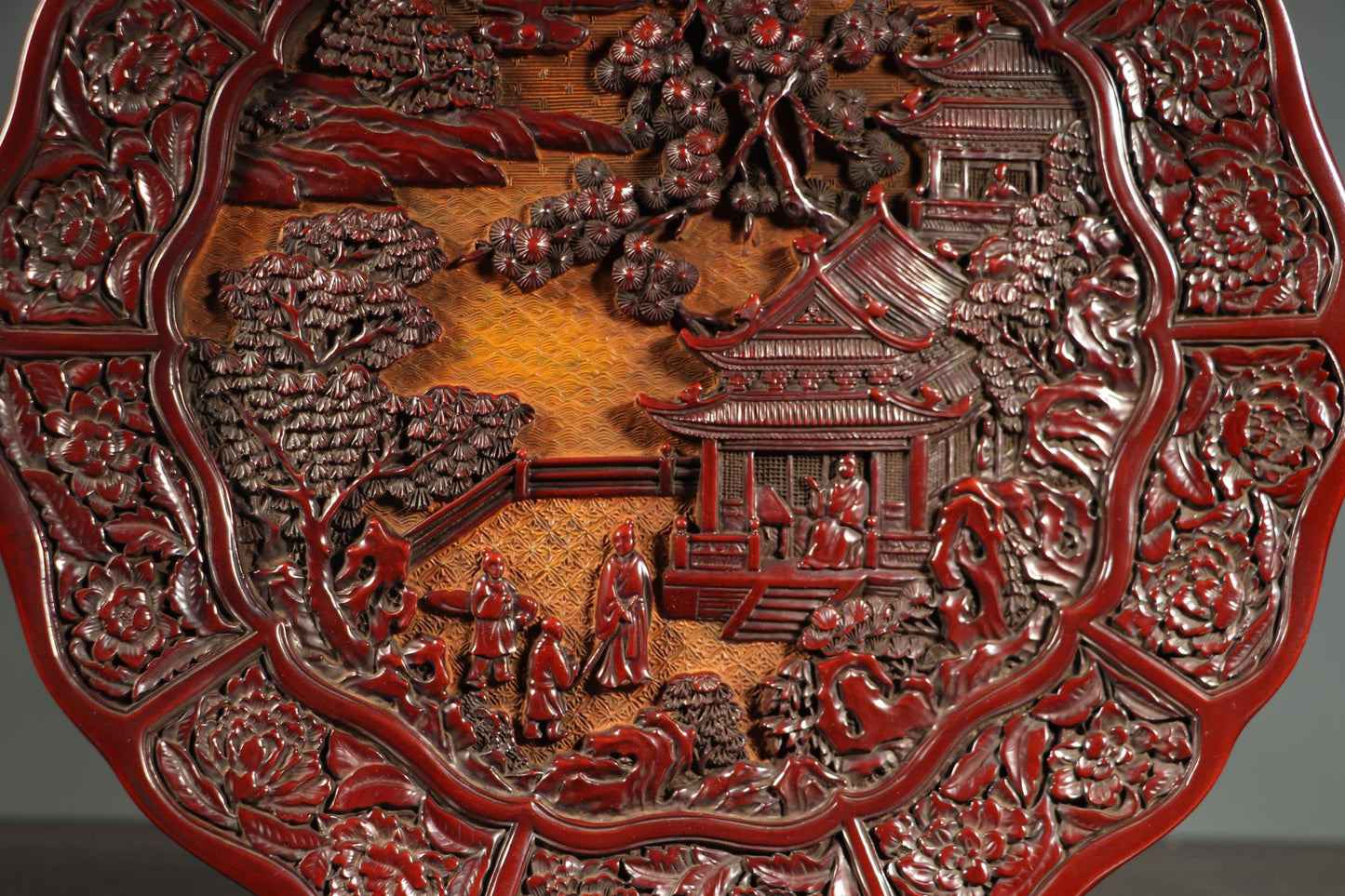 A0029 Old Chinese Red Lacquerware Low Relief Pine Tree & Figure Design Plate