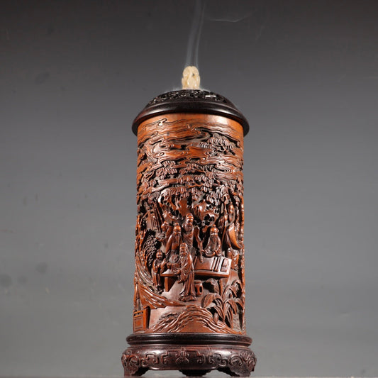 A0031 Openwork Vintage Chinese Boxwood Wood Inlay Hetian Jade Low Relief Sages Meeting Design Incense Tube