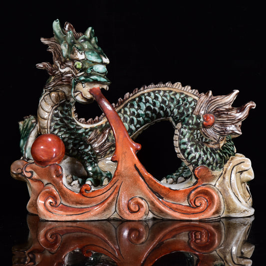 A0033 Old Chinese Famille Rose Fortune Dragon Porcelain Statue