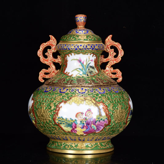 A0034 Chinese Gilt Gold Famille Rose Low Relief Flower & Figure Design Doulbe Ears Porcelain Pot